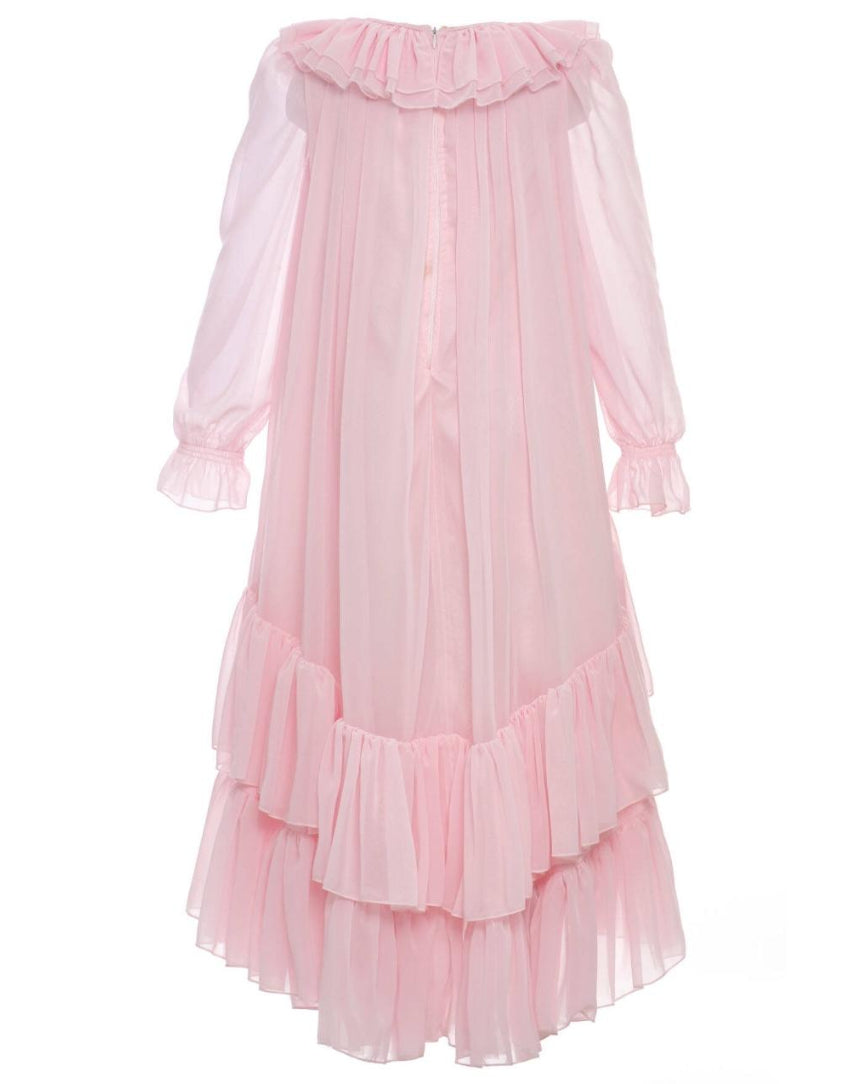 Pink ruffled dress on a white background
