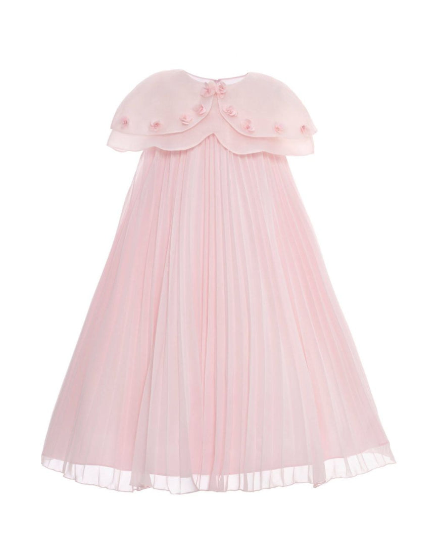 Pink dress with a floral bodice on a white background