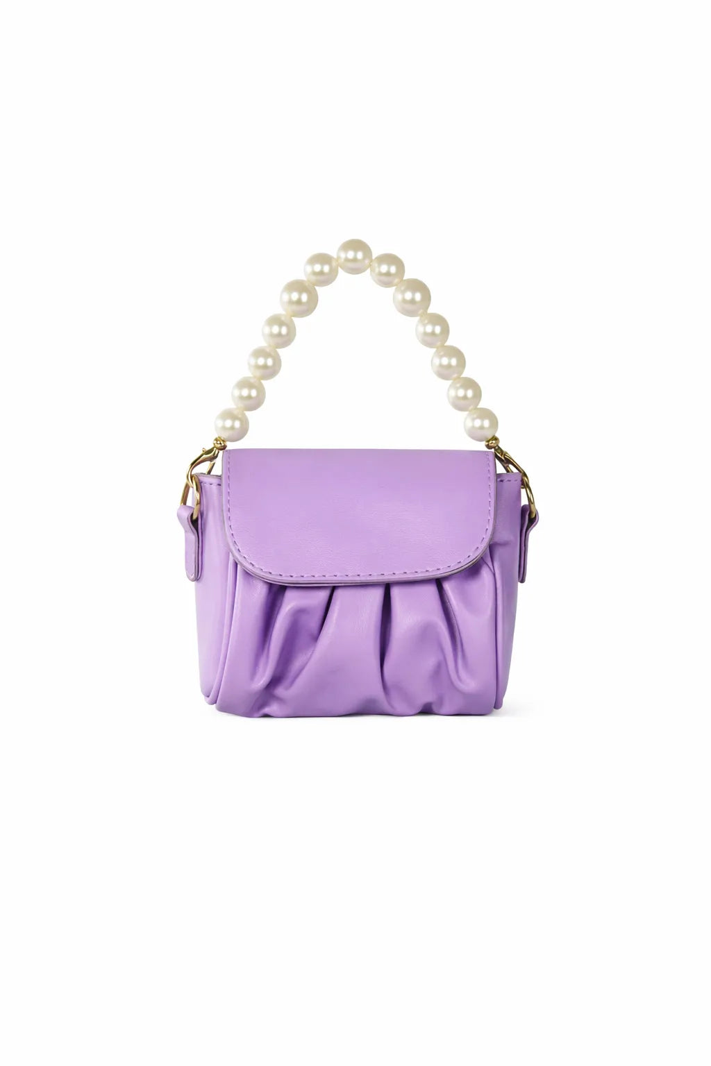 Purple handbag with pearl handle on a white background