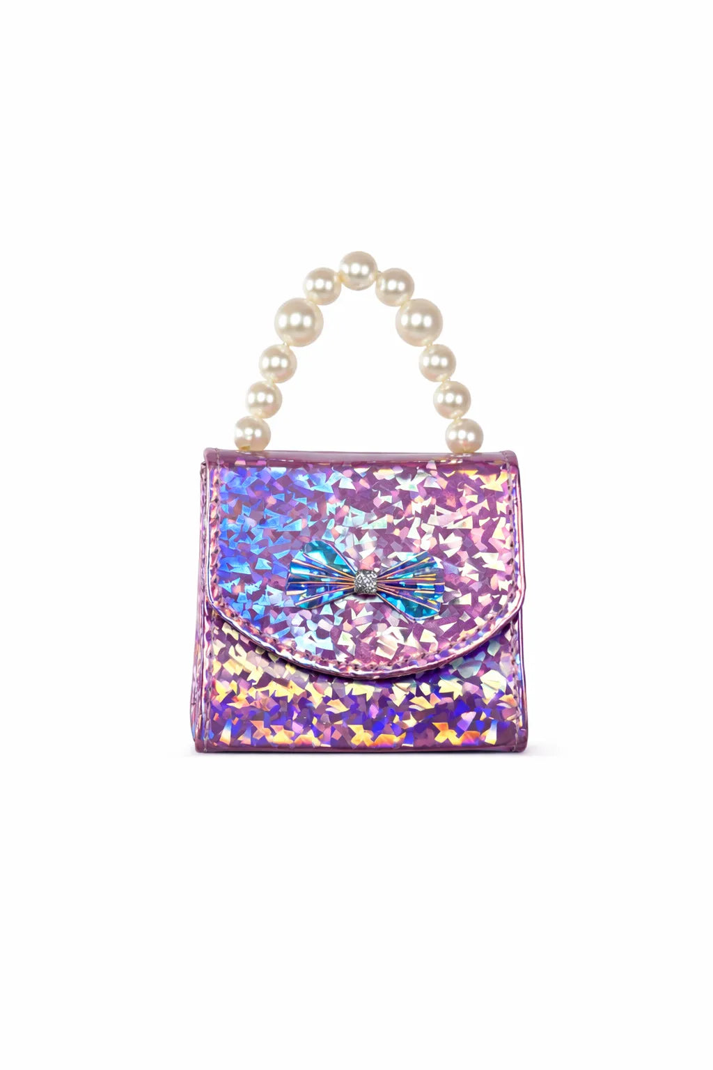 Sparkly handbag with a bow and pearl handle on a white background