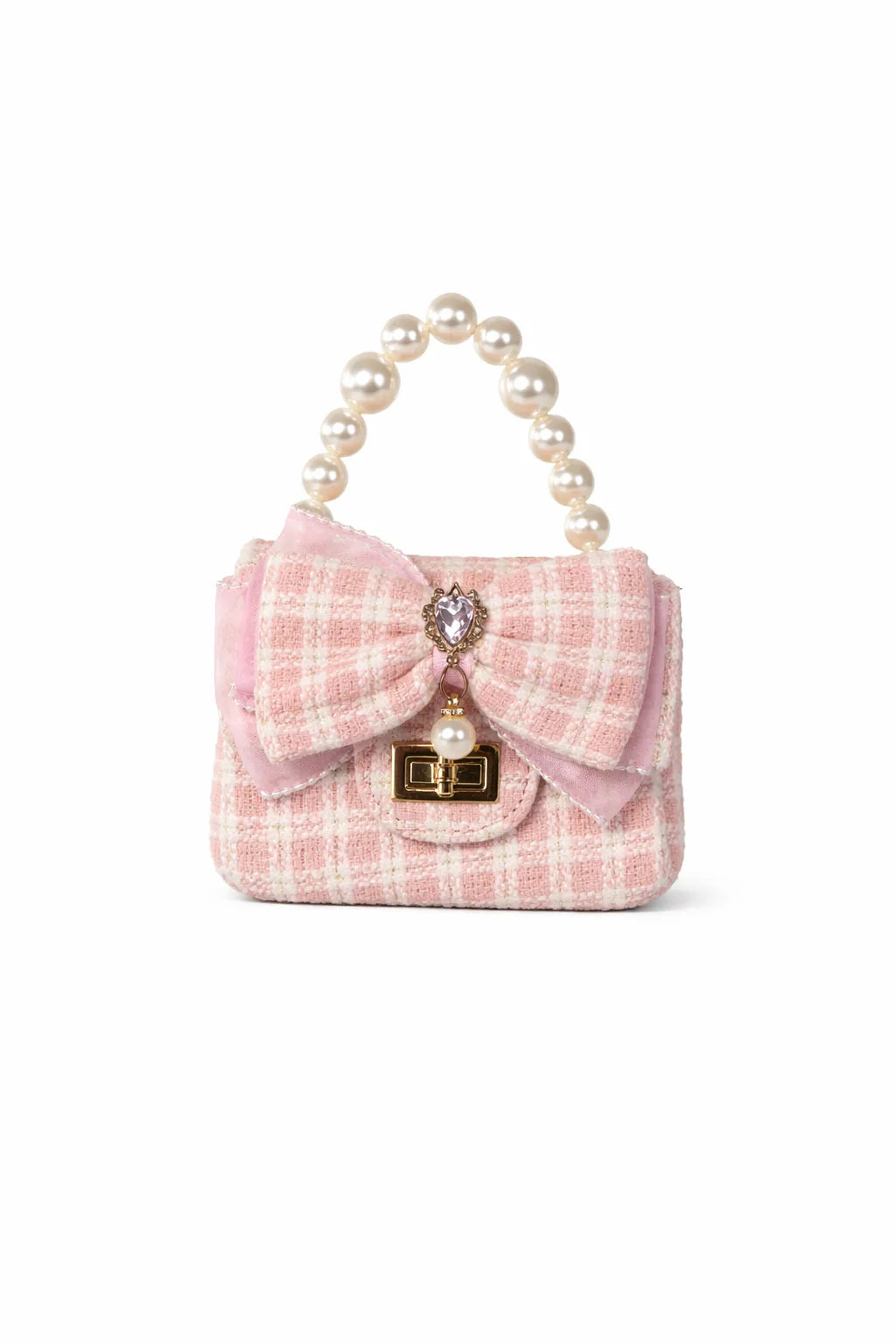 Woven Blush checkered handbag with a bow and pearl handle on a white background