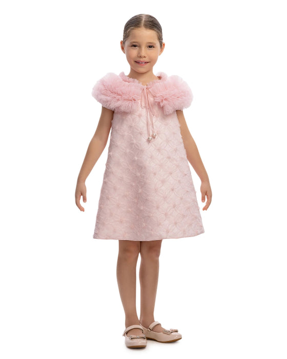 Young girl wearing a pink dress with a fluffy collar on a white background